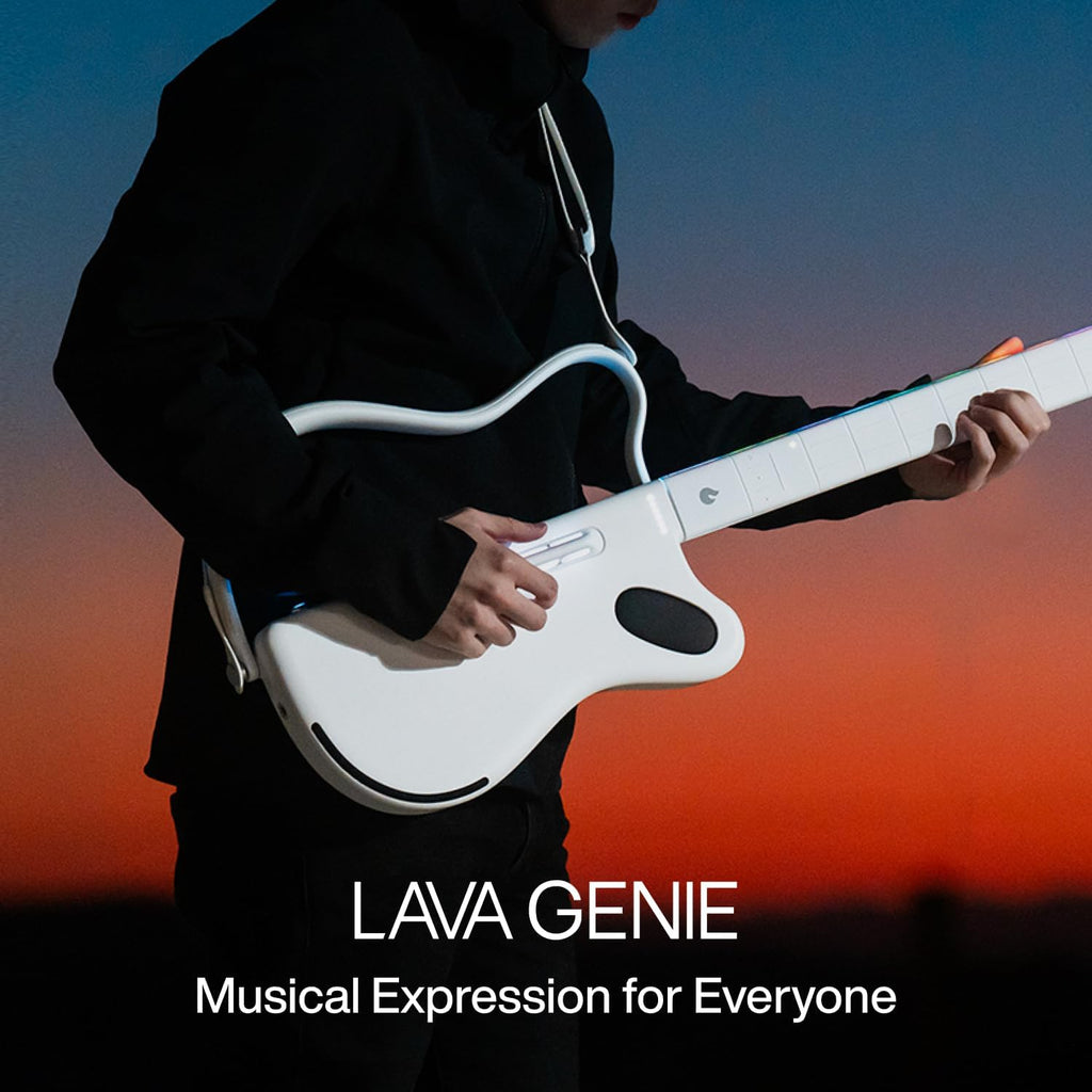 LAVA GENIE Stringless Smart Guitar, No Strings Attached, Hundreds of Instrument Presets, Onboard Speaker, Foldable, Detachable, White, 30.5 inch.