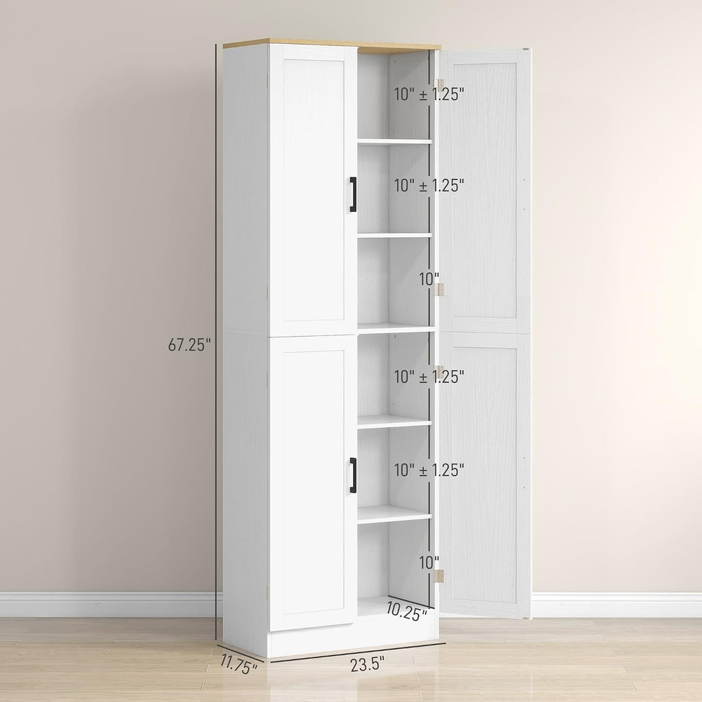 HOMCOM 67' Freestanding Kitchen Pantry, 4-Door Storage Cabinet Organizer with Adjustable Shelves, Kitchen Cabinet with Doors and Shelves, Distressed White