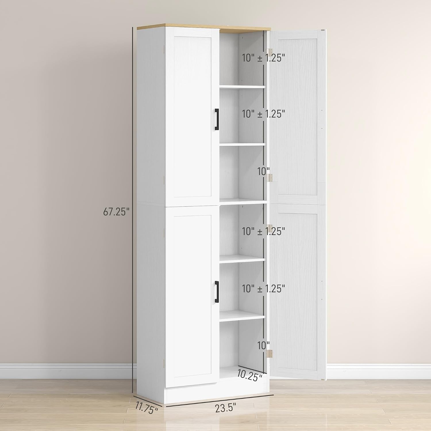 HOMCOM 67' Freestanding Kitchen Pantry, 4-Door Storage Cabinet Organizer with Adjustable Shelves, Kitchen Cabinet with Doors and Shelves, Distressed White