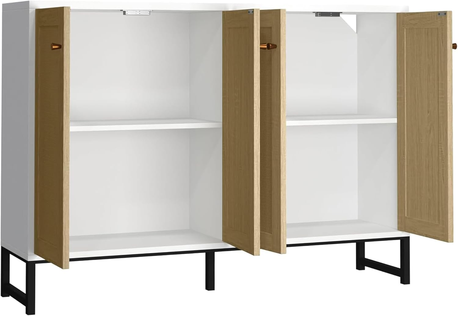 Panana Sideboard Accent Storage Cabinet with Rattan Decorated 4 Doors Dining Room Freestanding Kitchen Buffet Table Cupboard (White)