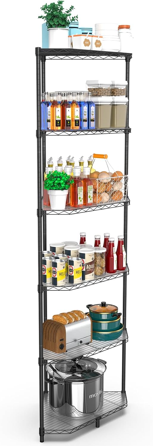 6 Tier NSF Corner Wire Shelf Shelving Unit, 20 x 20 x 72 Inch 600lbs Capacity Heavy Duty Adjustable Metal Storage Rack with Leveling Feet & Shelf Liners for Office Kitchen Bathroom and More - Black