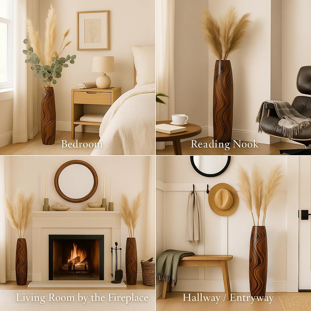 Leewadee Large Brown Home Decor Floor Vase - Wooden 34 inch Tall Farmhouse Decor Flower Holder for Fake Plant and Pampas Grass