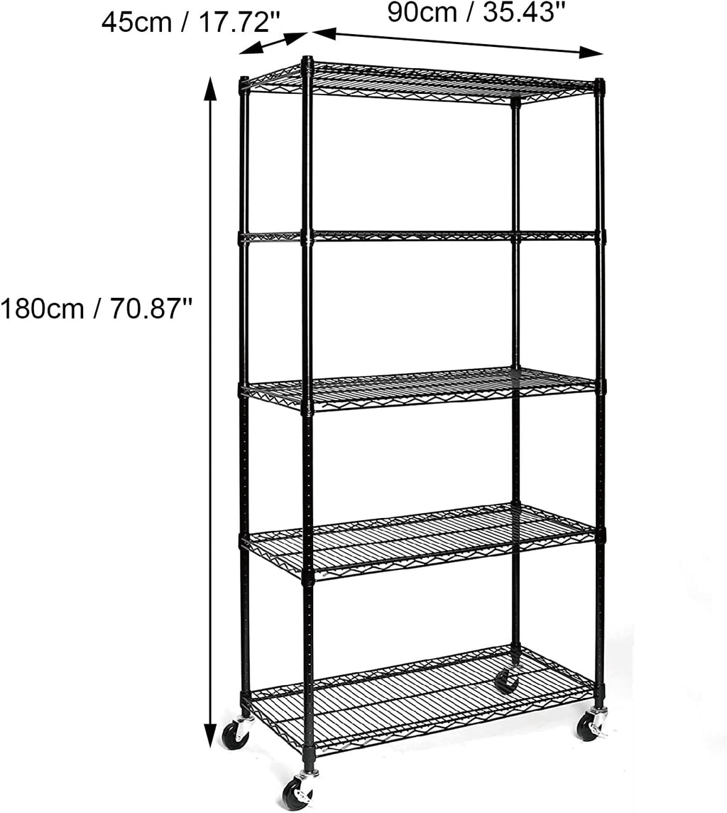 Black Storage Shelves, Heavy Duty Steel Wire Shelving Unit with Wheels,Adjustable Shelf, Used as Pantry Shelf, Garage or Bakers Rack Kitchen Shelving,Rolling Storage Rack, Corner Rack 90 x 45 x 180CM