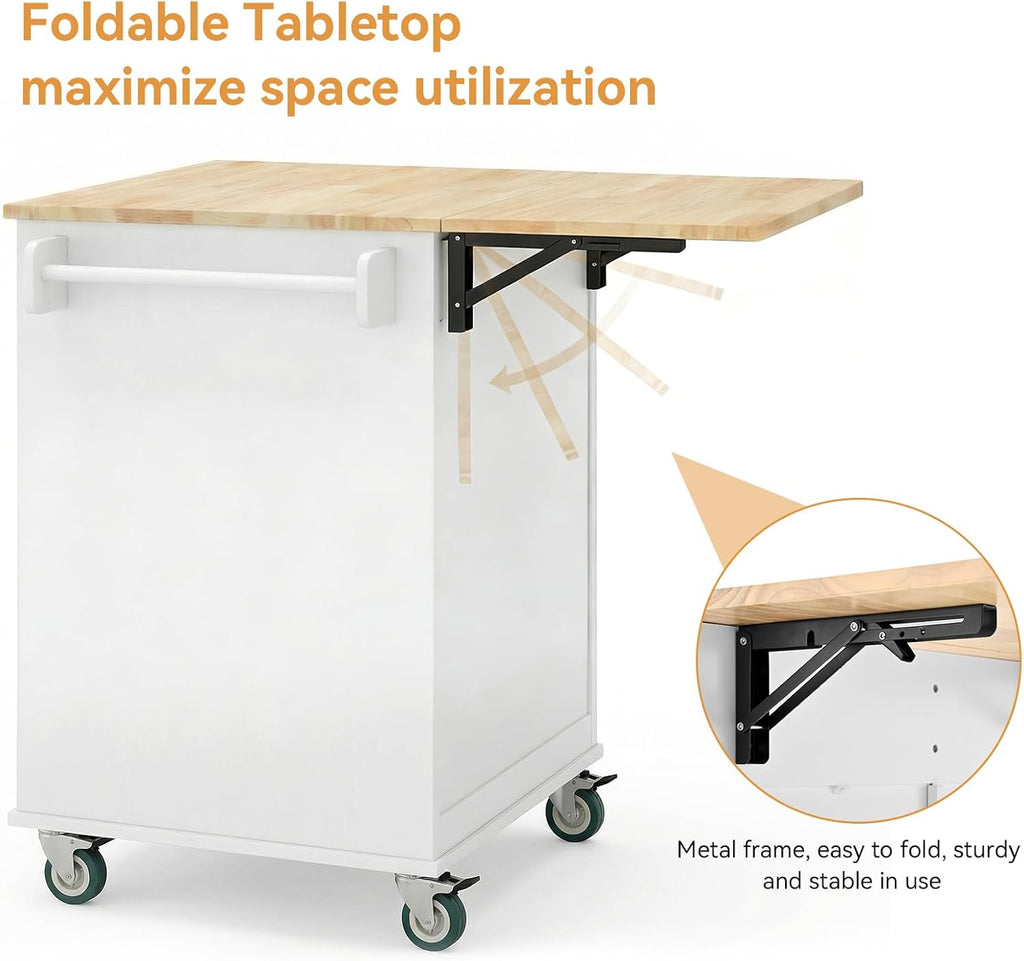 EVLIQUIL Kitchen Island Cart with Storage Cabinet & Drop Leaf, 50.4' Rolling Kitchen Table with Spice Rack & Towel Rack and Drawer, Portable Islands on Wheels, White