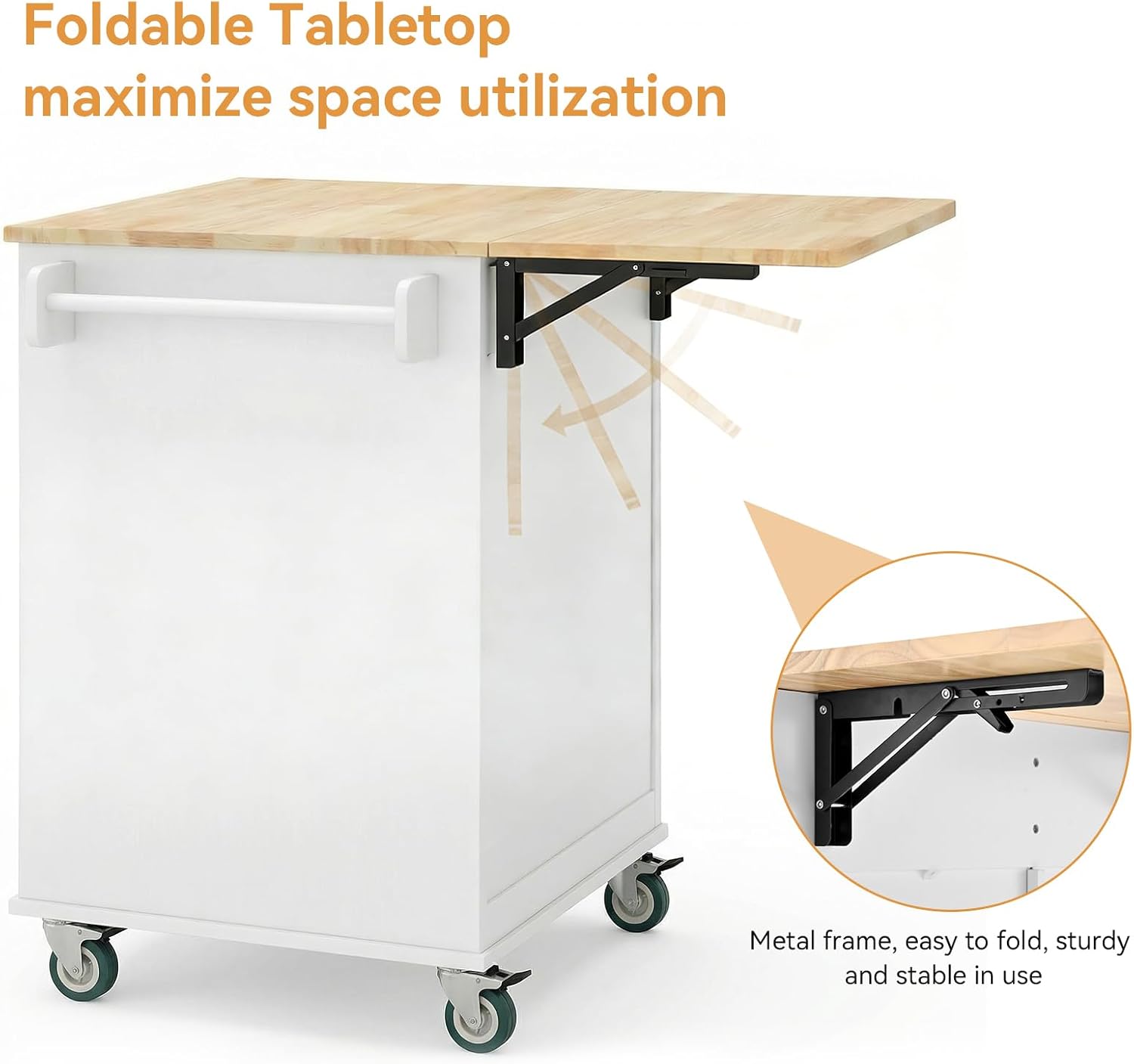 EVLIQUIL Kitchen Island Cart with Storage Cabinet & Drop Leaf, 50.4' Rolling Kitchen Table with Spice Rack & Towel Rack and Drawer, Portable Islands on Wheels, White