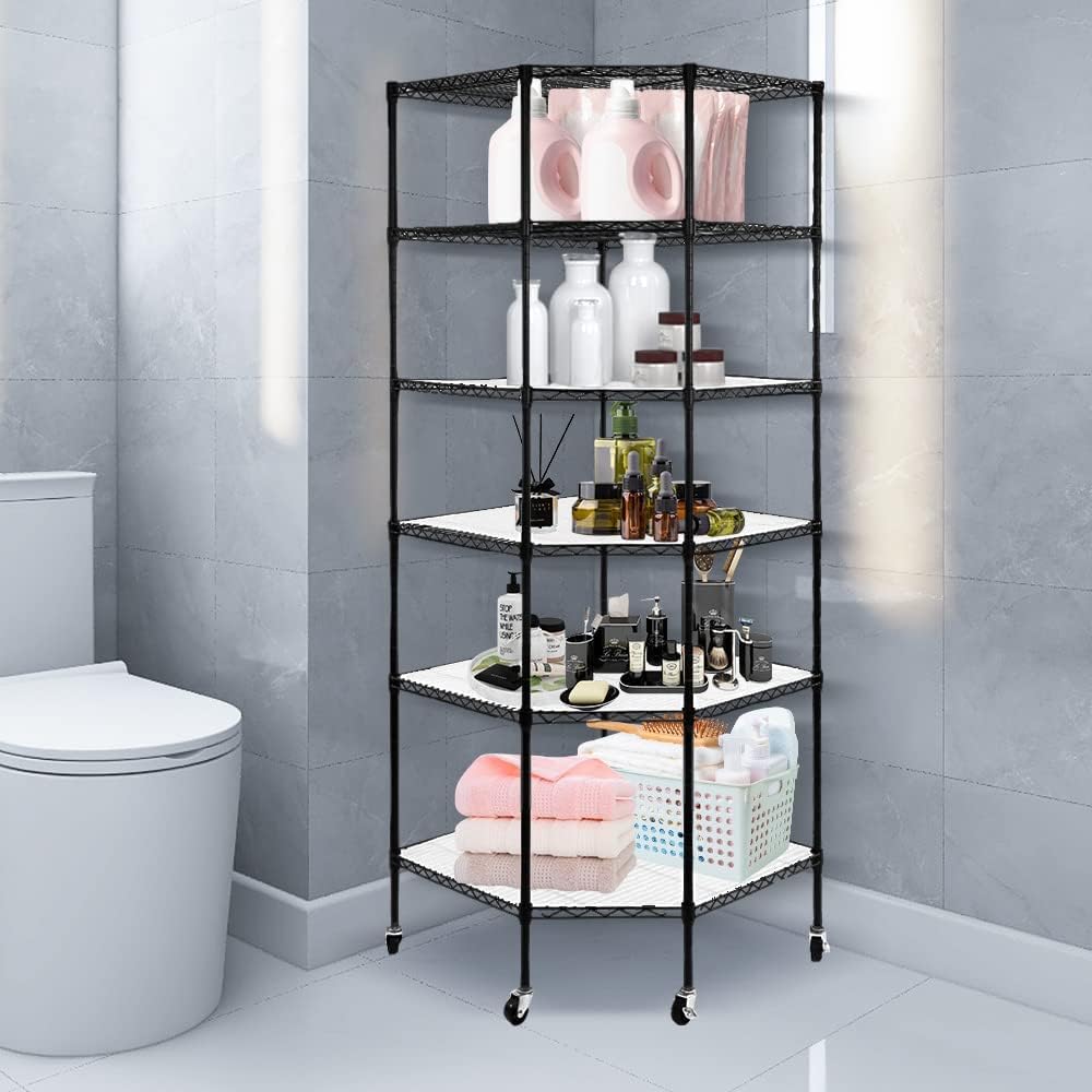 BNSPLY 6 Tier Corner Wire Shelving Unit, Adjustable Wire Shelf with Wheels, Metal Storage Shelves and Racks for Kitchen, Bathroom, Laundry, Pantry, Closet (27' D x 27' W x 71' H, Black)