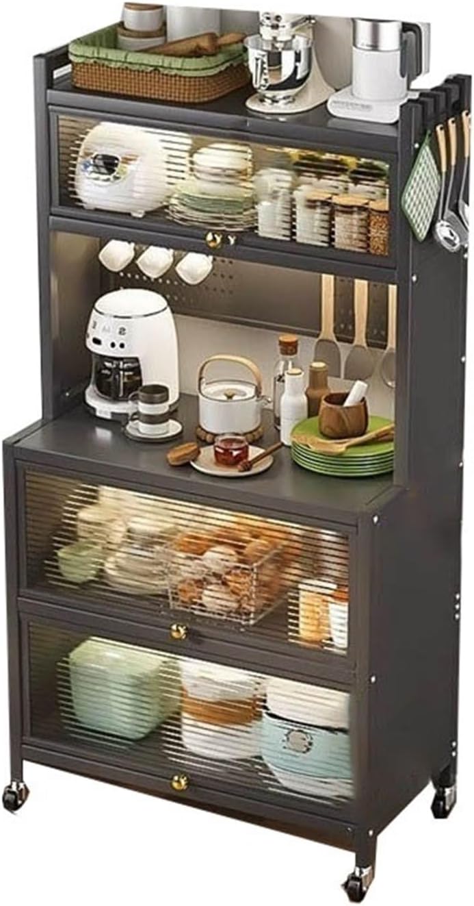 5/6 Tier Microwave Stand with Storage Bakers Rack with Drawers Coffee Pub Station Organizer with Flip Doors Vintage Kitchen Utility Storage Shelf(Gray,5 Layer)