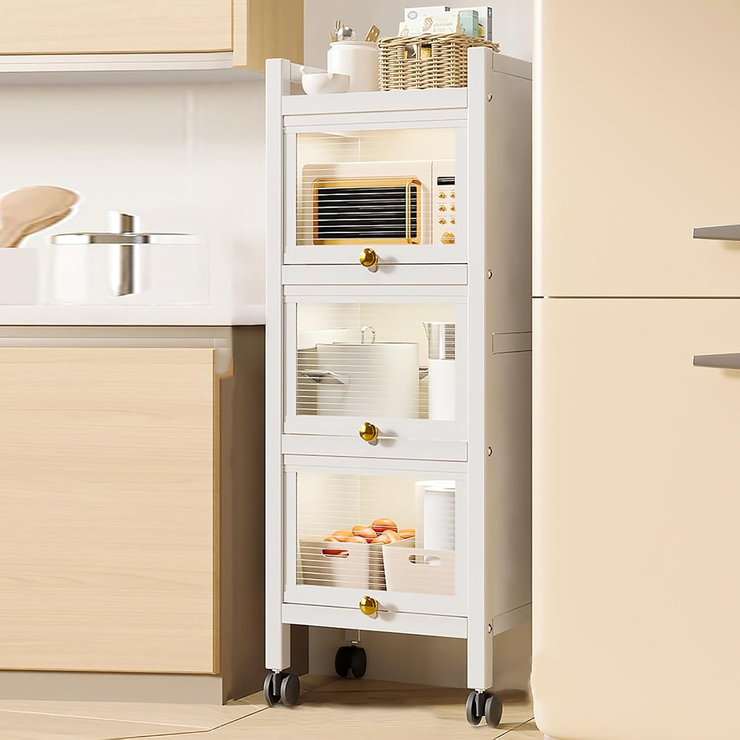 4-Tier Kitchen Pantry Storage Cabinet, Coffee Bar & Baker's Rack with Drawer, Flip Door Design, Space-Saving Kitchen Organizer, 40cm/15.7in, Modern Home Storage Solution