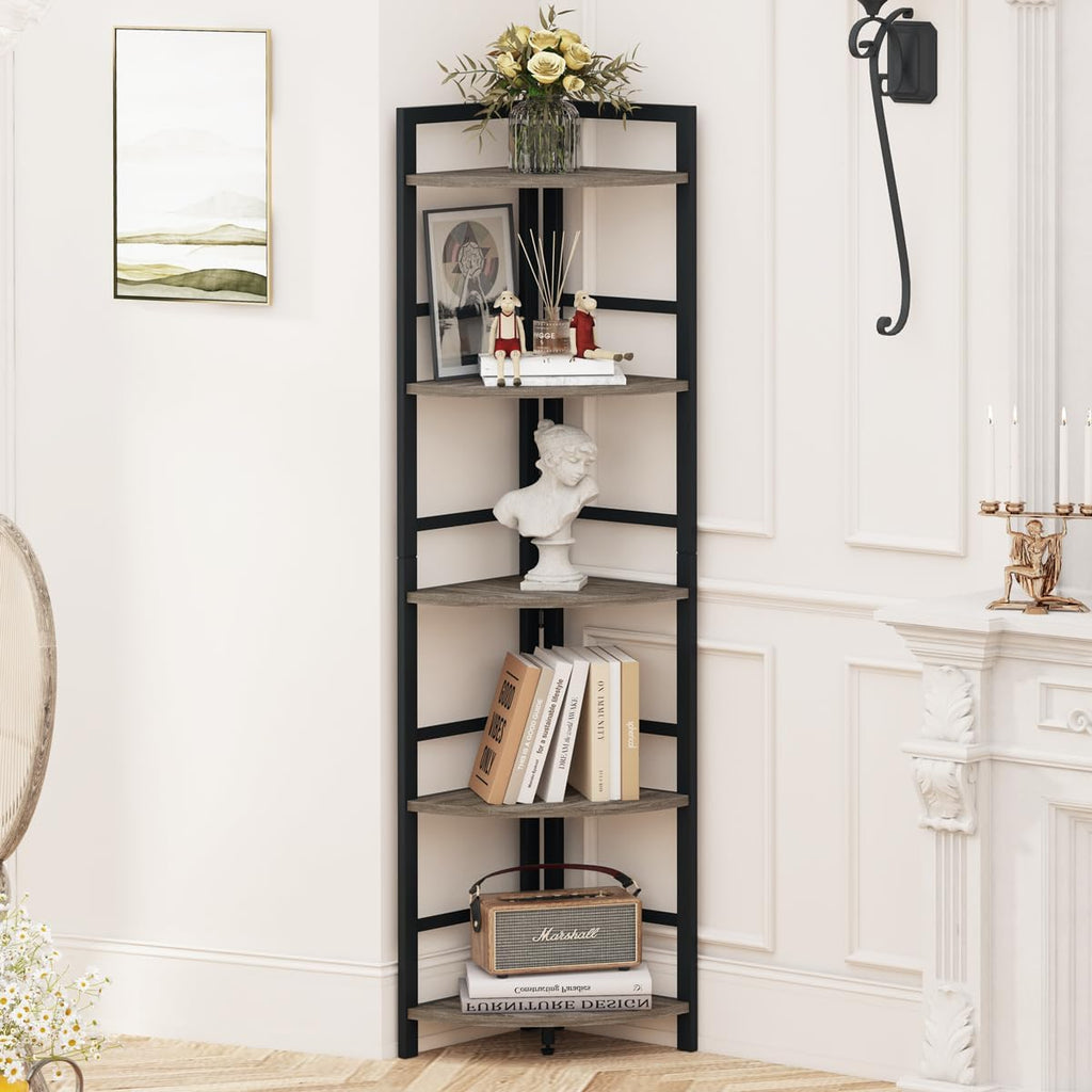BON AUGURE Rustic Corner Shelf Stand, Tall Industrial Corner Bookshelf, Wood Metal 5 Tier Bookcase Shelves, Display Shelving Unit for Kitchen, Living Room (Dark Grey Oak)
