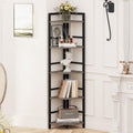 BON AUGURE Rustic Corner Shelf Stand, Tall Industrial Corner Bookshelf, Wood Metal 5 Tier Bookcase Shelves, Display Shelving Unit for Kitchen, Living Room (Dark Grey Oak)