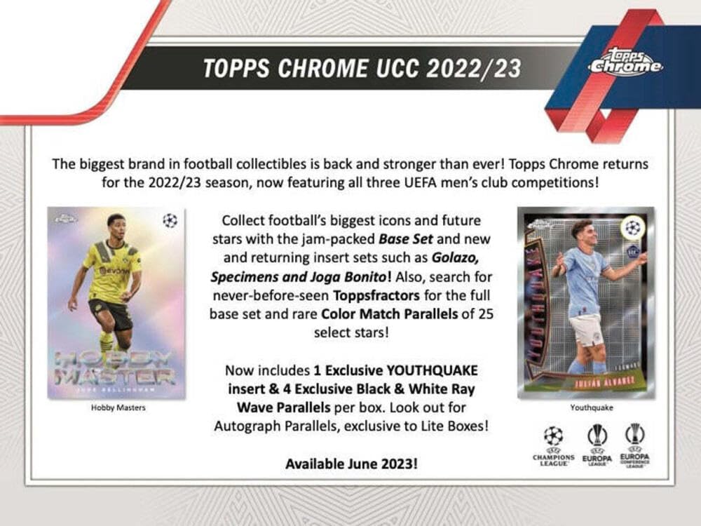 2022-23 Topps Chrome UEFA Champions League Soccer Factory Sealed Hobby Lite Box 16 Packs of 4 Cards. 4 Black and White Raywave Parallels Per Box. See Scans to see details on the Amazing Hits that are Possible.