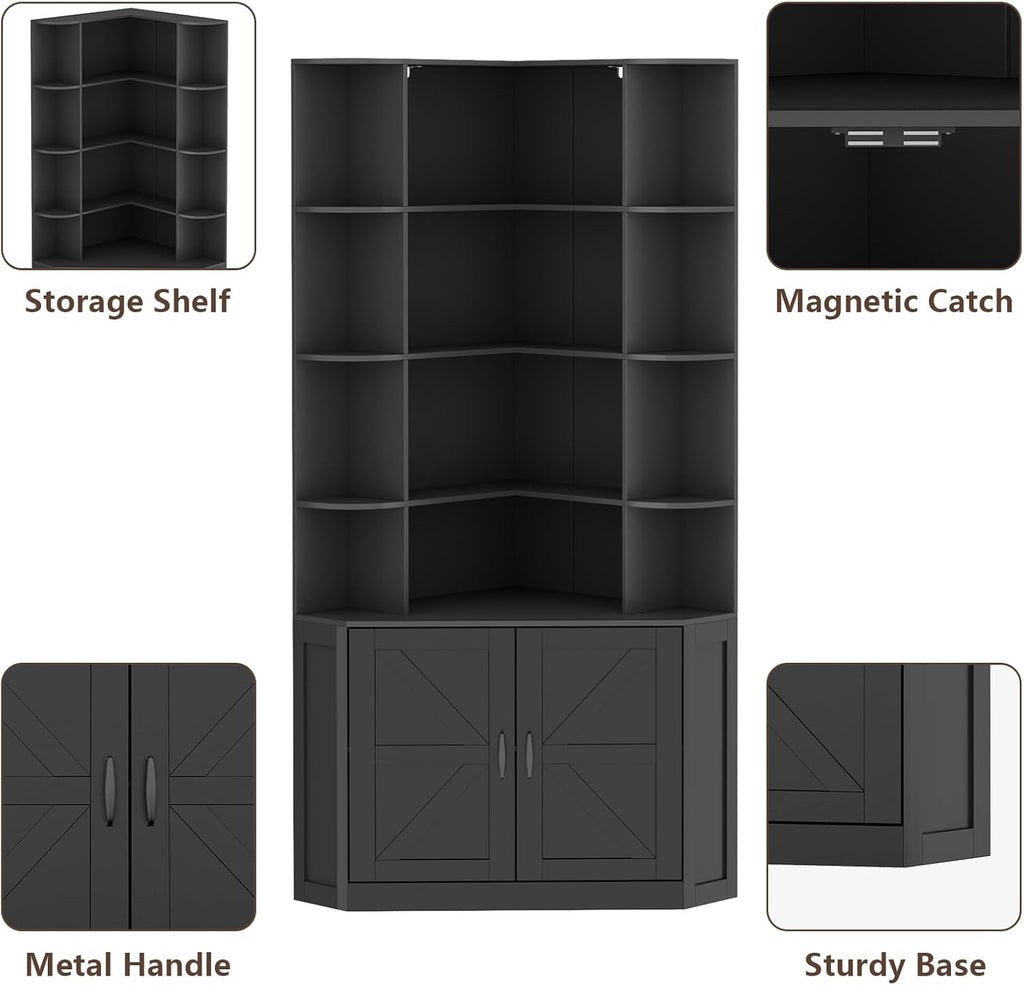 Corner Bookshelf with Doors, 6 Tier Corner Bookcase with Storage Cabinet, Black L-Shaped Book Shelf with 8 Open Racks , Farmhouse Etagere Bookshelf with Full Baffle for Living Room Home Office