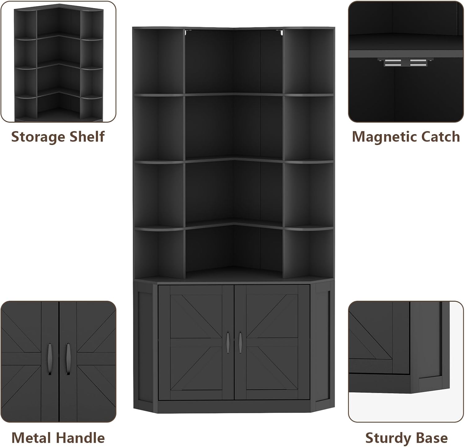Corner Bookshelf with Doors, 6 Tier Corner Bookcase with Storage Cabinet, Black L-Shaped Book Shelf with 8 Open Racks , Farmhouse Etagere Bookshelf with Full Baffle for Living Room Home Office