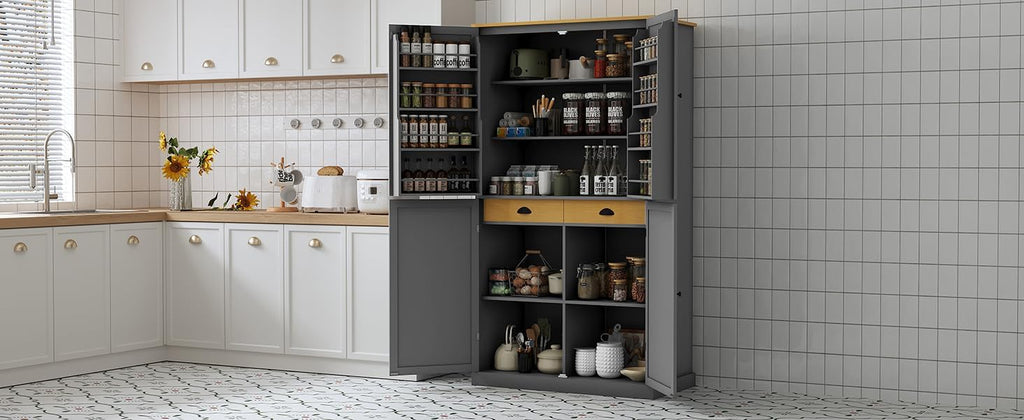 Ball & Cast 71.3' Freestanding Kitchen Pantry with 2 Built-in Drawers and Adjustable Shelves,Storage Cupboard Cabinet with 8 Door Shelves,for Kitchen,Dining Room,Living Room,Apartment,Gray