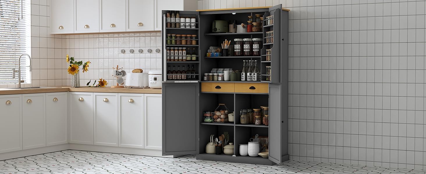 Ball & Cast 71.3' Freestanding Kitchen Pantry with 2 Built-in Drawers and Adjustable Shelves,Storage Cupboard Cabinet with 8 Door Shelves,for Kitchen,Dining Room,Living Room,Apartment,Gray