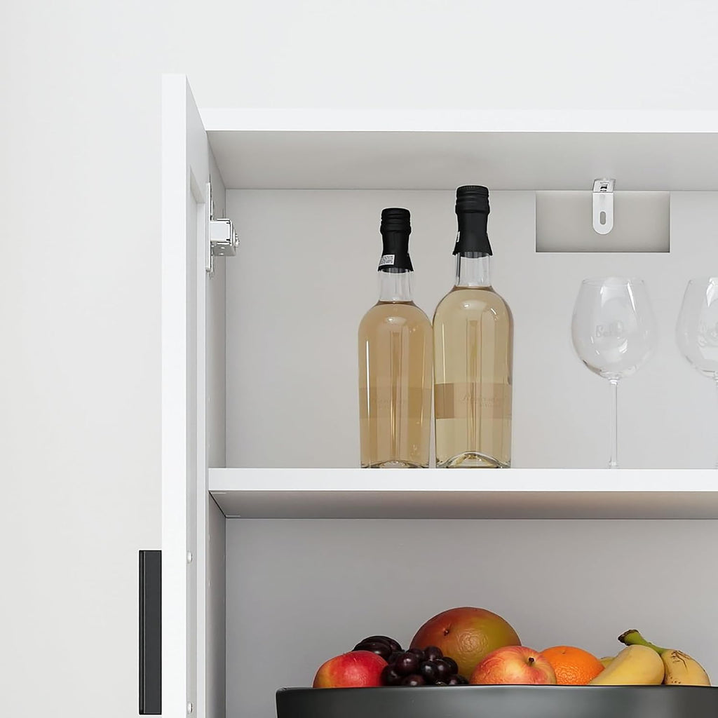 Farmhouse Storage Cabinet with 4 Door, Kitchen Pantry Storage with 4 Adjustable Shelves Wooden Cupboard for Kitchen, Dining Room, Living Room, Bathroom (White)