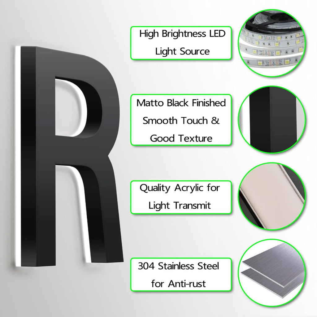 Address Numbers LED, Backlit Light Up LED House Numbers, Black, Stainless Steel Floatig LED House Numbers For Outdoor, Illuminated Address Signs, White Light,20 Inch,9