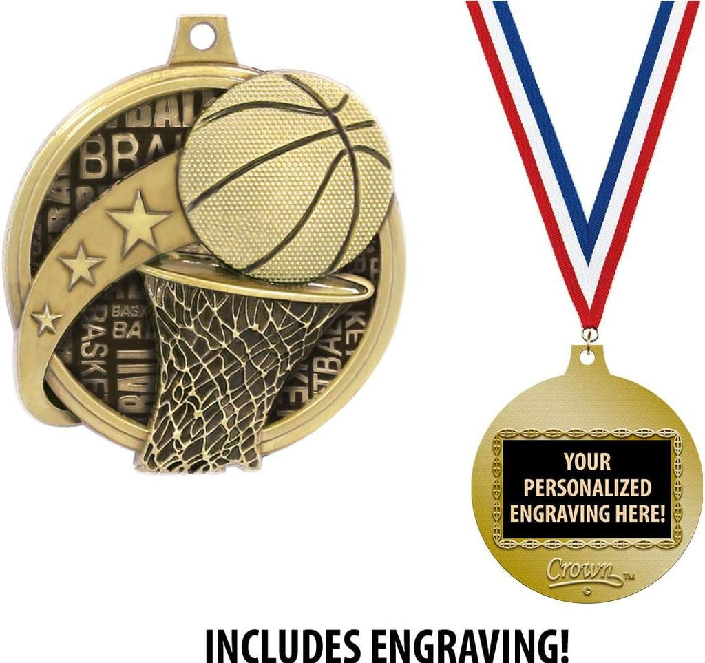 Crown Awards Custom Basketball Medals, 2' Basketball Medal with Free Neck Ribbon and 4 Lines of Engraving Included