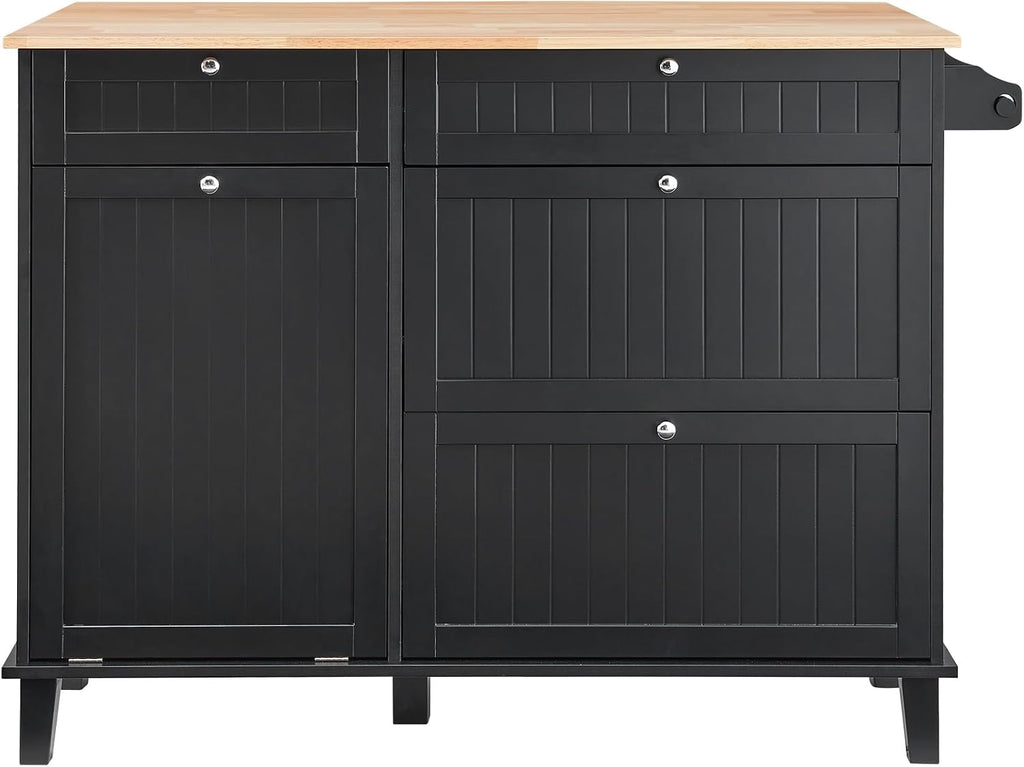 53' Rubber Wood Cupboard, Storage Cabinet with Multi-Functional Hooks, Food Pantry Cabinet with Built-in Trash Cabinet for Kitchen Use, Black