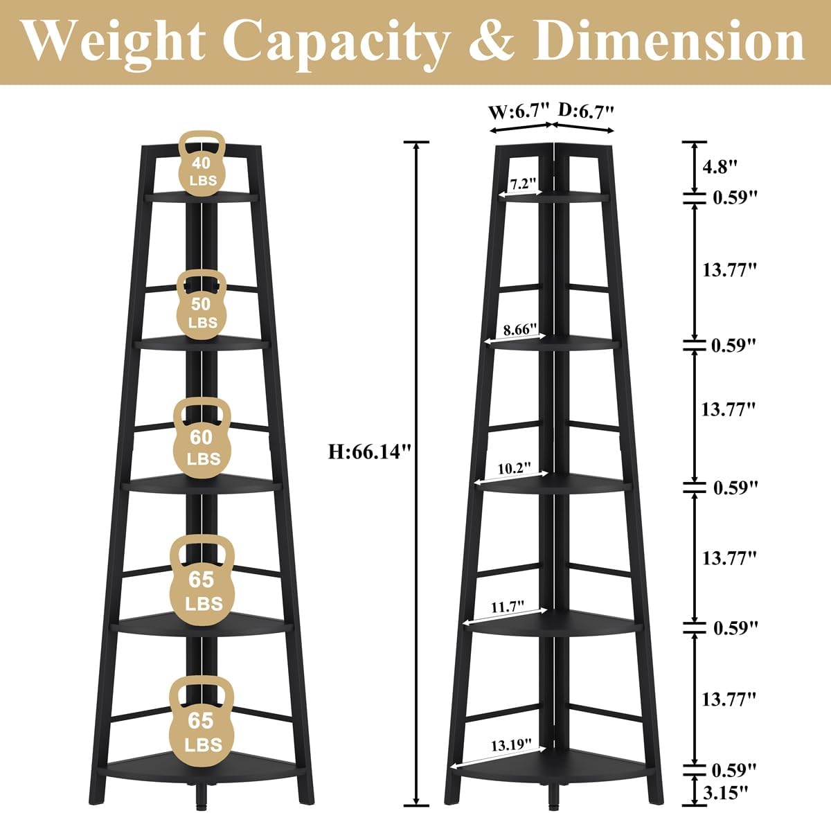 BON AUGURE 5-Tier Corner Shelf, Industrial Tall Corner Bookshelf for Living Room, Narrow Ladder Bookcase with Metal Frame, Rustic Wood Corner Plant Stand for Small Space, Home Office, Black Oak