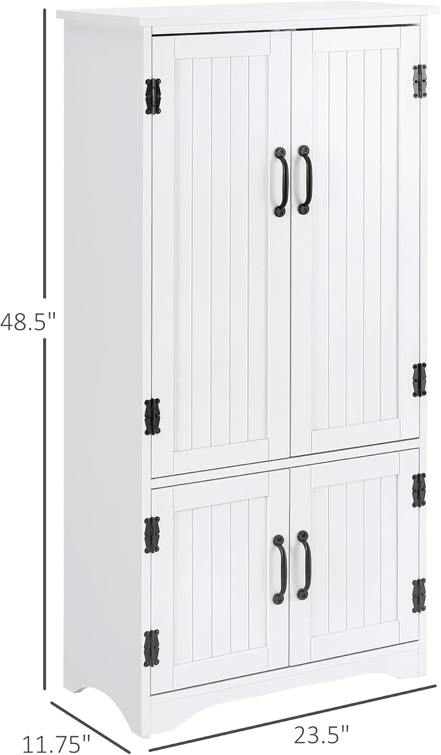 HOMCOM 48.5' Kitchen Pantry Cabinet with 2 Adjustable Shelves and 4 Beadboard Doors, Compact Farmhouse Kitchen Storage Cabinet for Dining Room, White