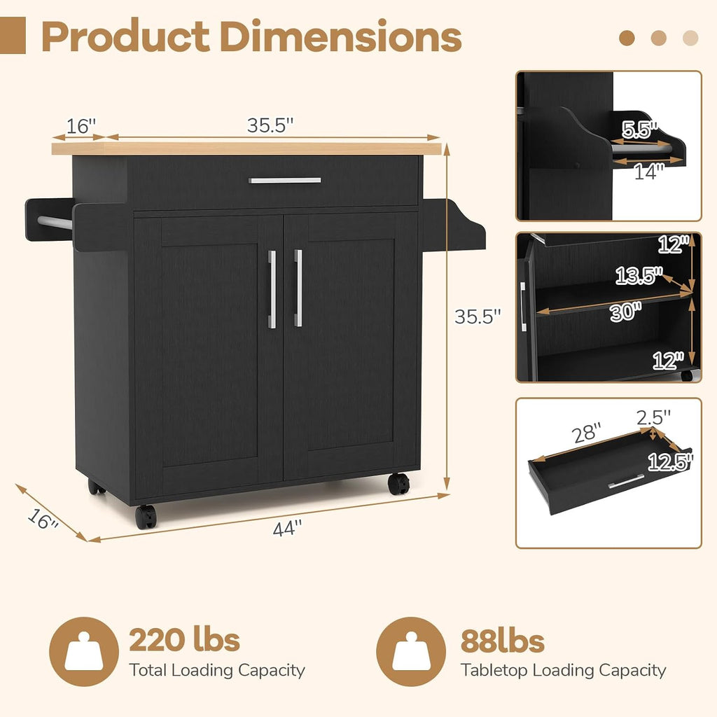 COSTWAY Kitchen Island On Wheels, Rolling Storage Trolley Cart with Large Cabinet, Drawer, Spice Rack and Towel Rack, Kitchen Serving Utility, 3-Position Adjustable Shelf (Black)