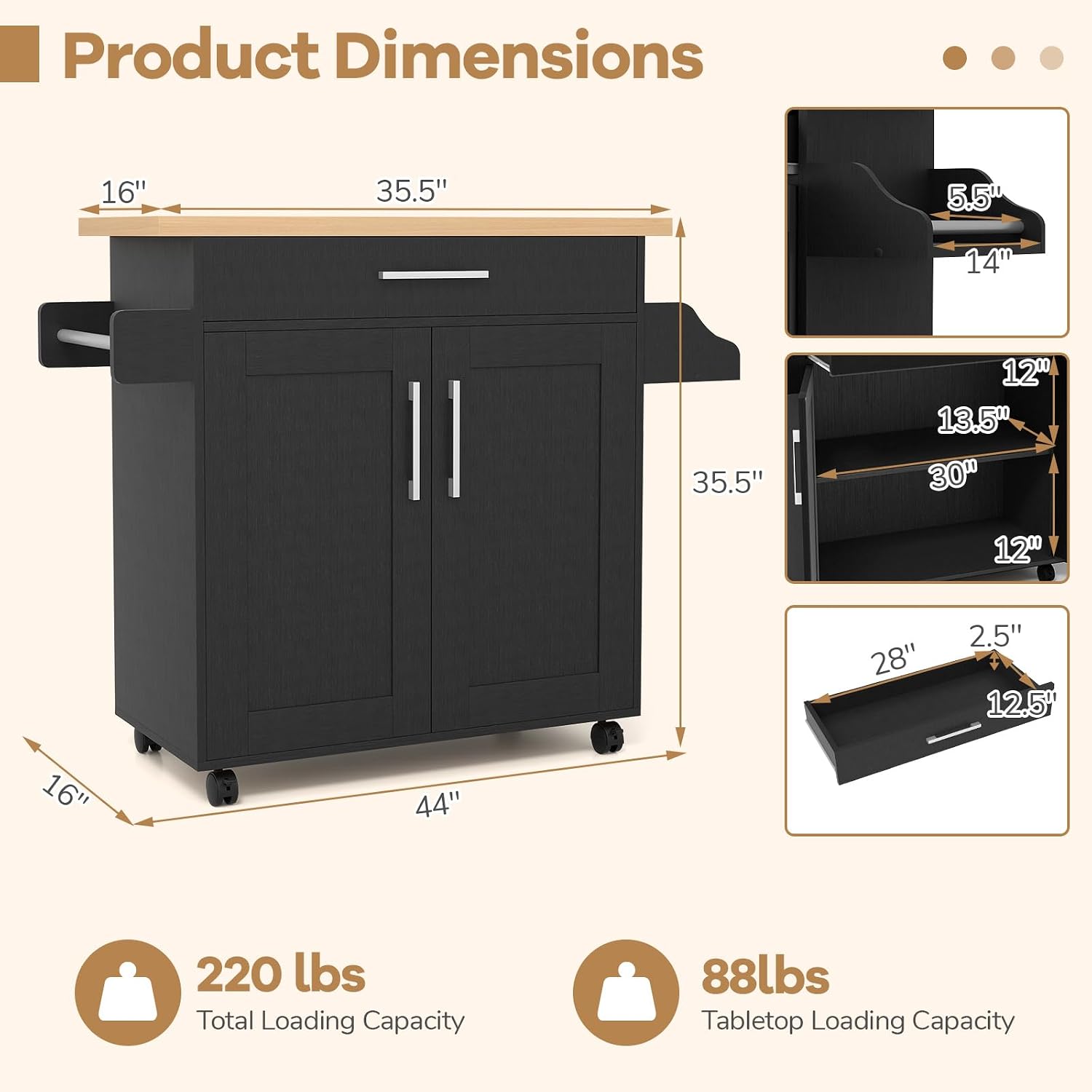 COSTWAY Kitchen Island On Wheels, Rolling Storage Trolley Cart with Large Cabinet, Drawer, Spice Rack and Towel Rack, Kitchen Serving Utility, 3-Position Adjustable Shelf (Black)