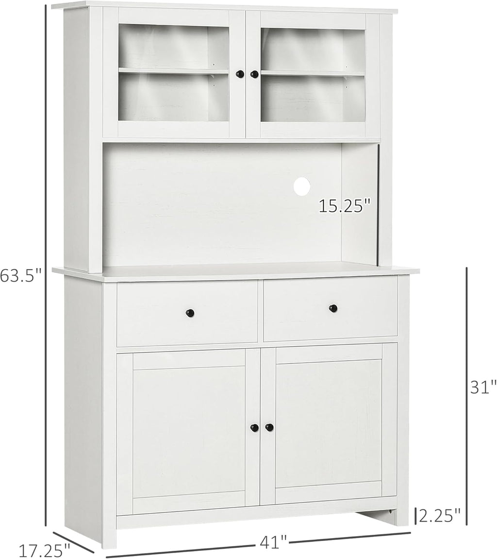 HOMCOM 63.5' Kitchen Buffet with Hutch, Pantry Storage Cabinet with 4 Shelves, Drawers, Framed Glass Doors, Open Microwave Countertop, Antique White