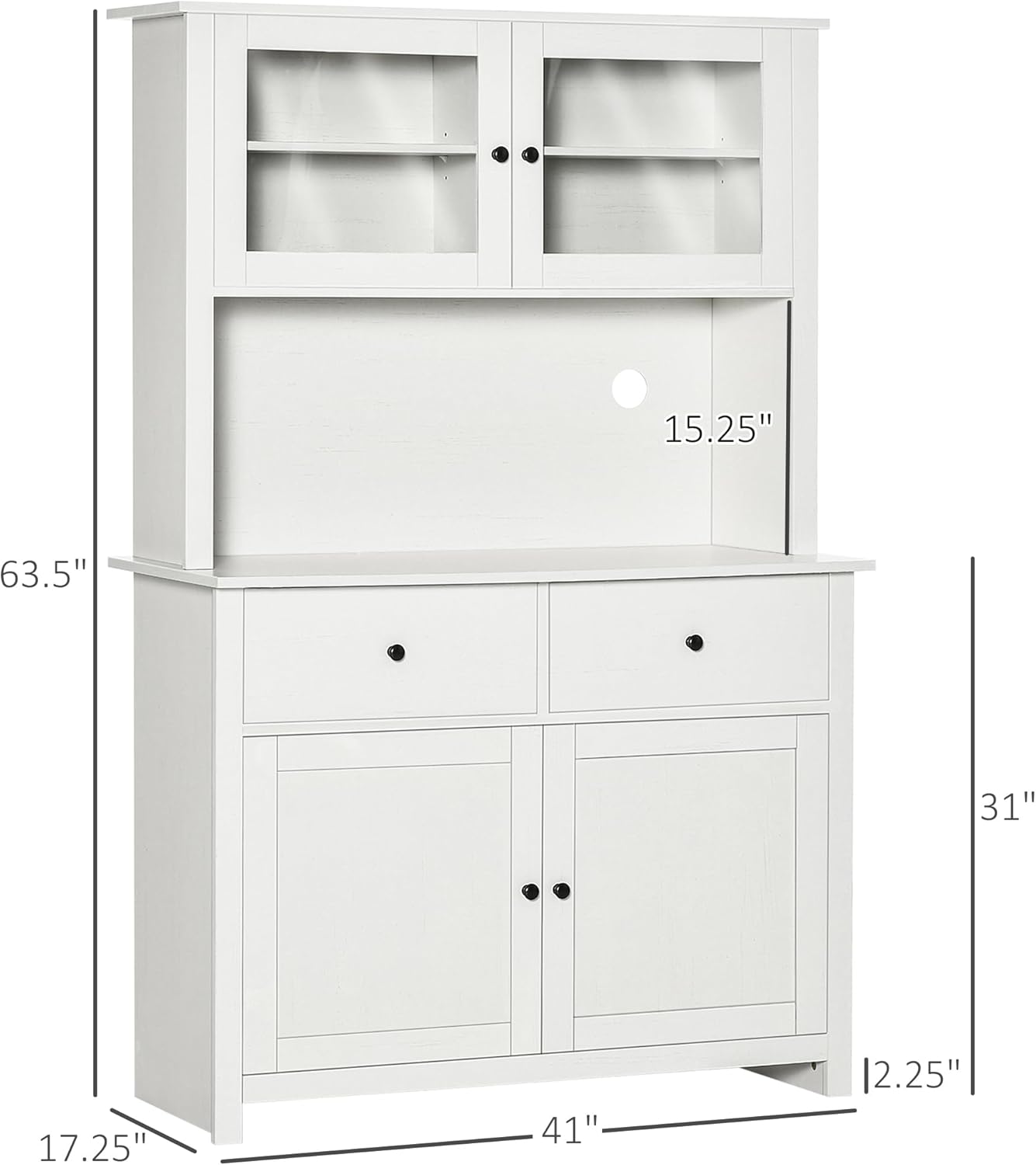 HOMCOM 63.5' Kitchen Buffet with Hutch, Pantry Storage Cabinet with 4 Shelves, Drawers, Framed Glass Doors, Open Microwave Countertop, Antique White