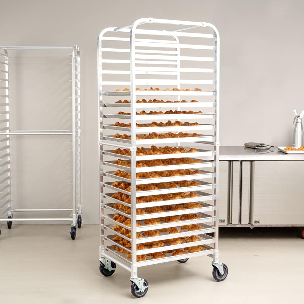 Restaurantware Kitchen Tek 26 x 20.25 x 69.5 Inch Bun Pan Rack 1 Endload Sheet Pan Rack - Full-Height 2 Locking & 2 Non-locking Casters Silver Aluminum Bun Pan Rack With Wheels Holds 20 Pans