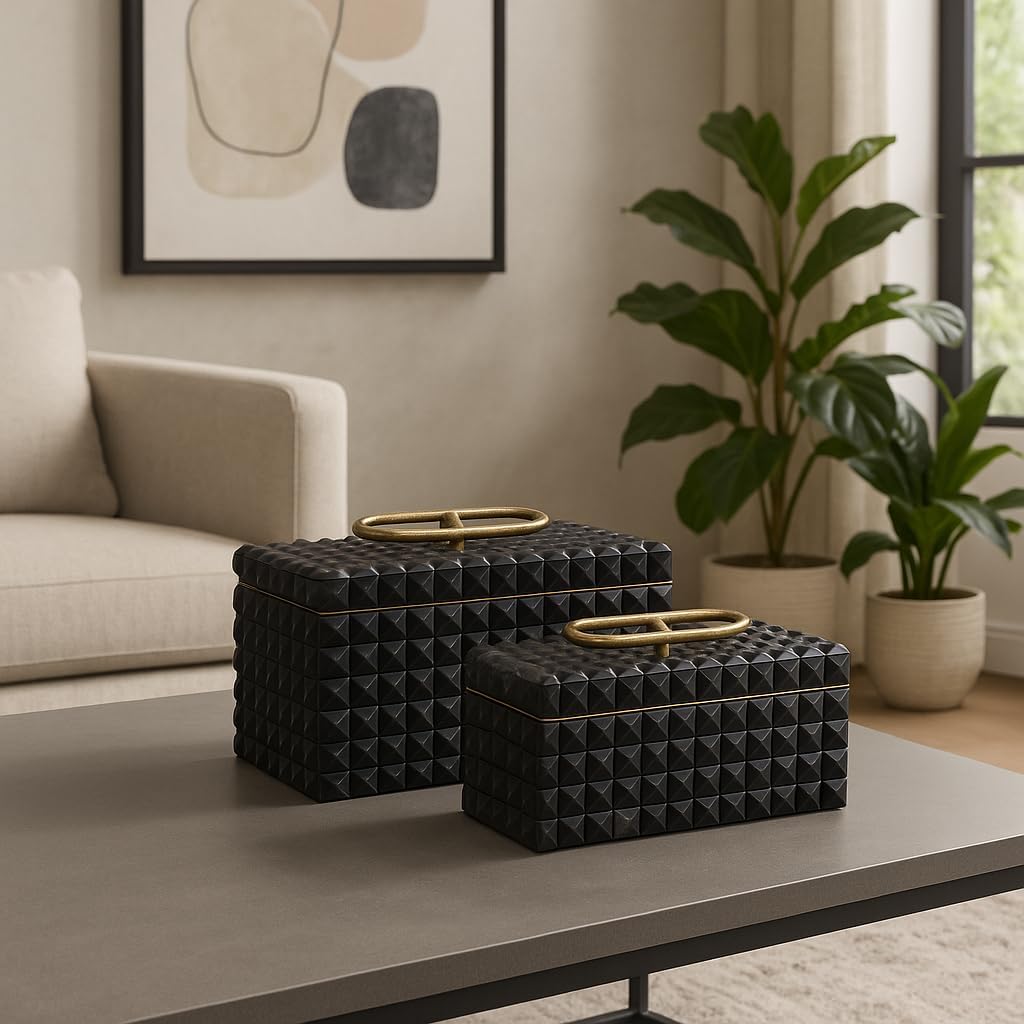 Decorative Jewelry Boxes for Home Decor – Elegant Keepsake and Storage Boxes with Lid – Studded Pattern Home Organizer for Living Room Decor, Bedroom, Office, or Shelf Set of 2 – 6' Gray & Gold