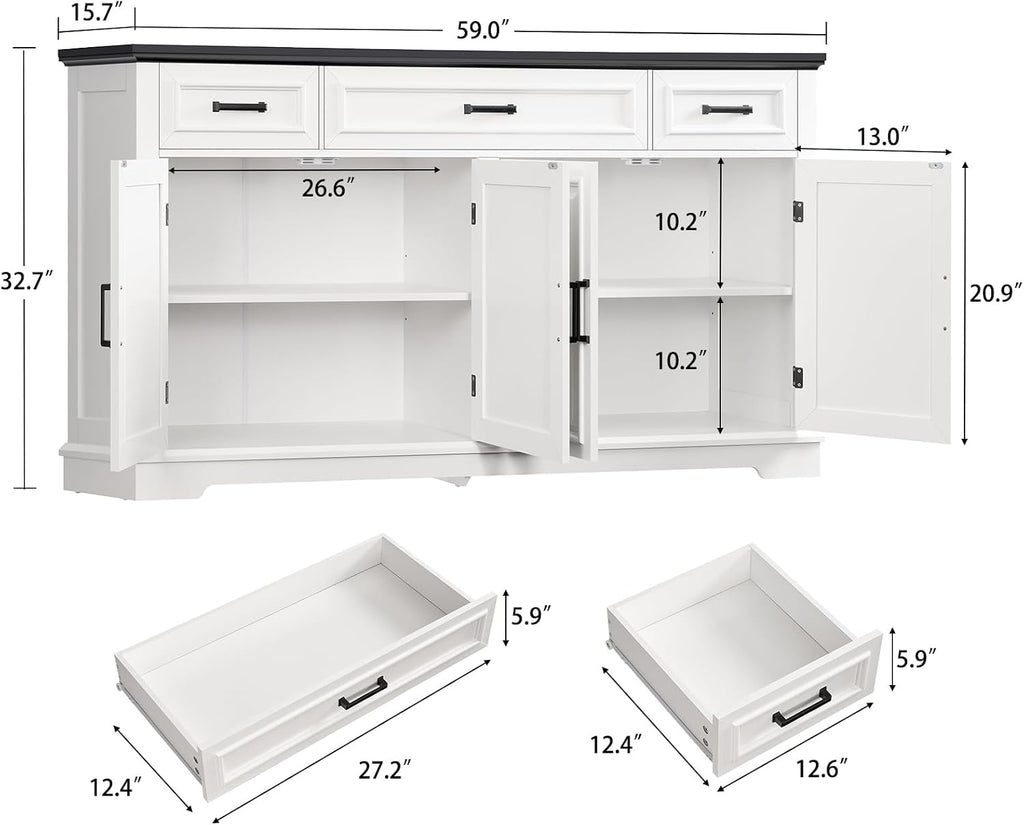 usikey 59' Large Buffet Cabinet with 4 Doors and 3 Drawers, Buffet Sideboard Cabinet with Storage and 2 Adjustable Shelves, Coffee Bar, Wine Bar for Living Room, White