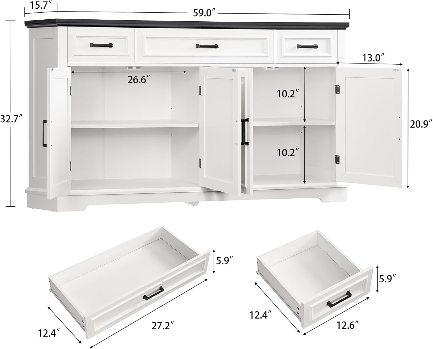 usikey 59' Large Buffet Cabinet with 4 Doors and 3 Drawers, Buffet Sideboard Cabinet with Storage and 2 Adjustable Shelves, Coffee Bar, Wine Bar for Living Room, White