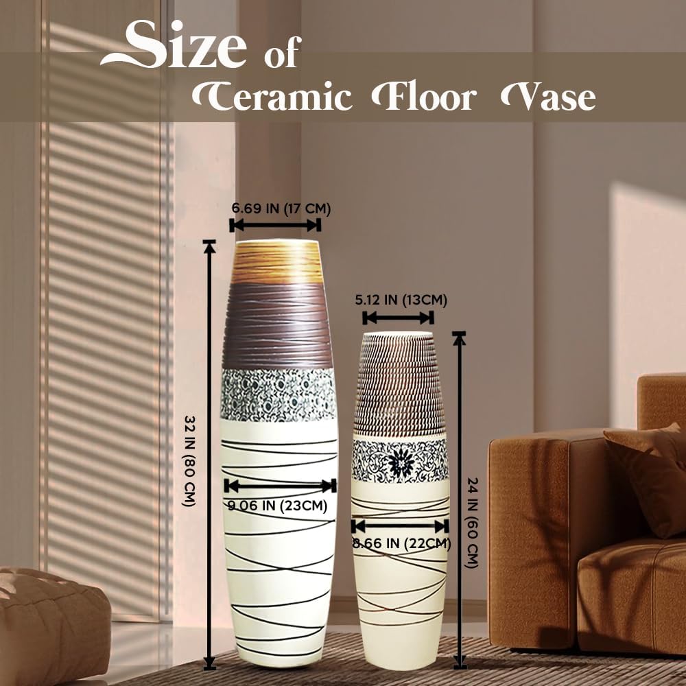 Tall Floor Vase 32 inches, Handmade Large Ceramic Rustic Vases for Home Decor Living Room, Boho Textured Decorative Vases Wide Mouth Opening Corner Vase for Pampas Grass