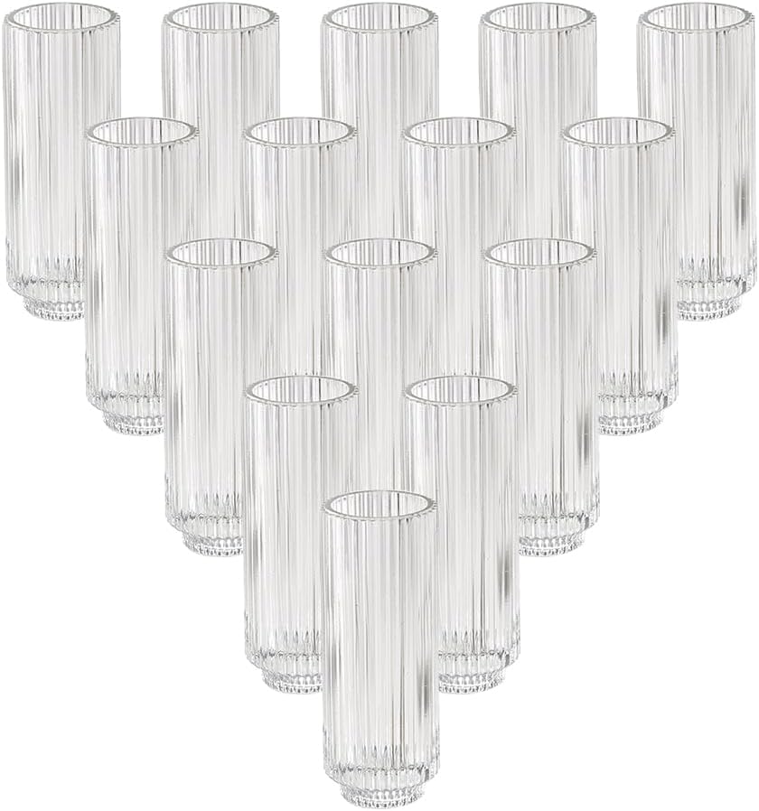 Serene Spaces Living Slim Clear Ribbed Glass Votive Holder, Decorative Centerpiece for Wedding, Christmas, Thanksgiving, Living Room, Home Décor, 2.25' Diameter & 6.25' Tall, Pack of 24