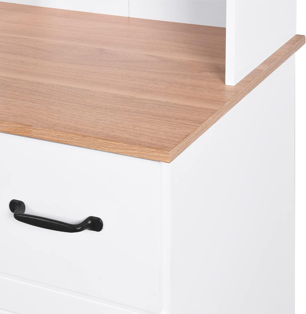 Wooden-Style Kitchen Cabinet with Framed Glass Doors & Drawer - Microwave Stand with Storage, Adjustable Shelfes for Kitchen, Dining Room (White)