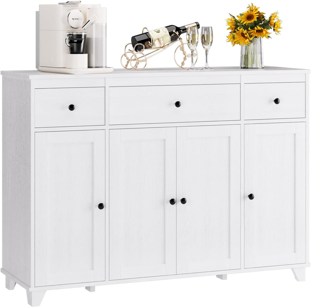 HIFIT Buffet Cabinet White Sideboard Storage Cabinet with 3 Drawers & 4 Doors Adjustable Shelves, 47' Modern Coffee Bar Cabinet, Wood Accent Cabinet for Kitchen Cupboard Dining Living Room