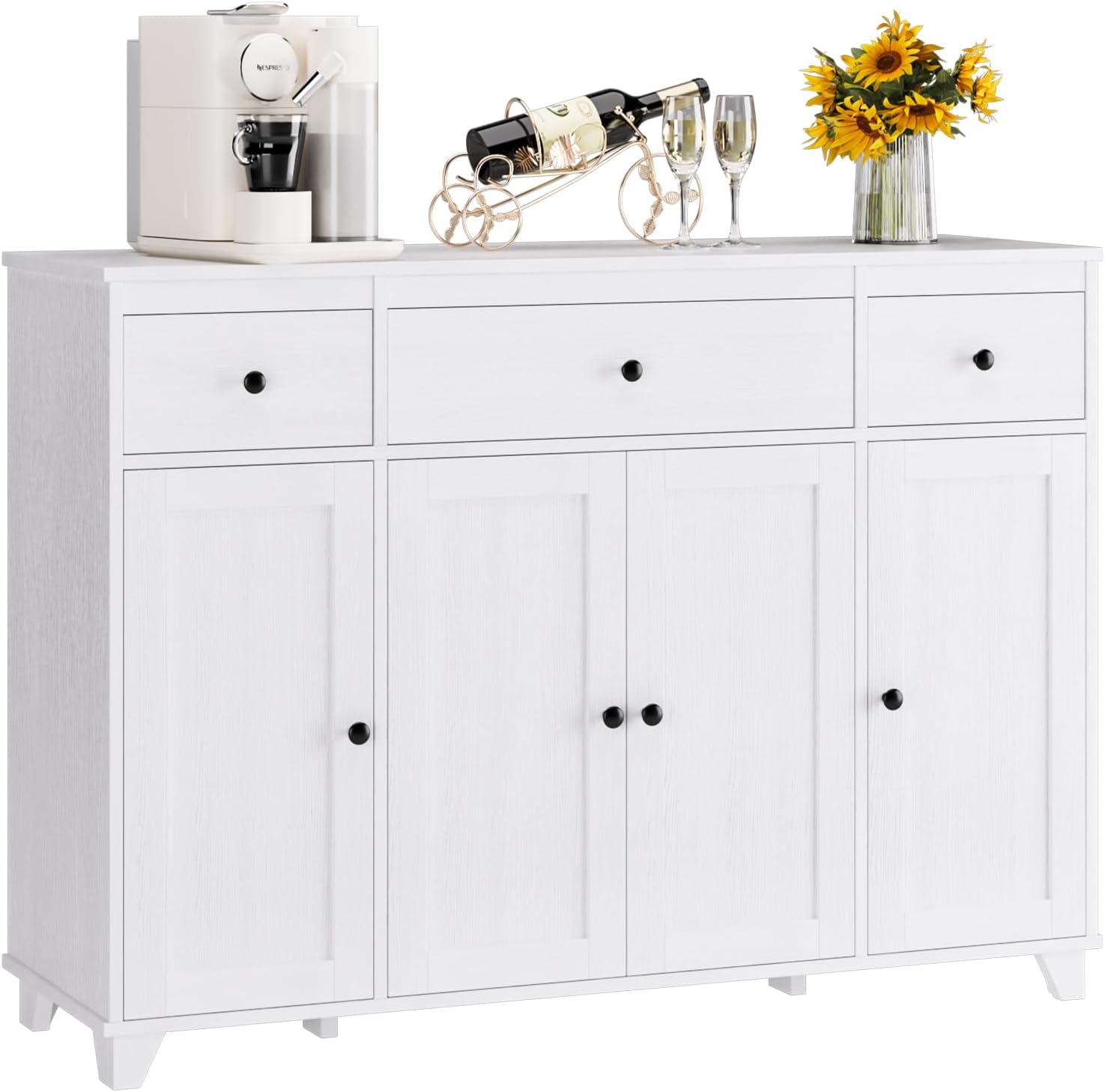 HIFIT Buffet Cabinet White Sideboard Storage Cabinet with 3 Drawers & 4 Doors Adjustable Shelves, 47' Modern Coffee Bar Cabinet, Wood Accent Cabinet for Kitchen Cupboard Dining Living Room