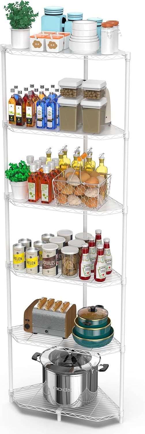 6 Tier NSF Corner Wire Shelf Shelving Unit, 20 x 20 x 72 Inch 600lbs Capacity Heavy Duty Adjustable Metal Storage Rack with Leveling Feet & Shelf Liners for Office Kitchen Bathroom and More - White