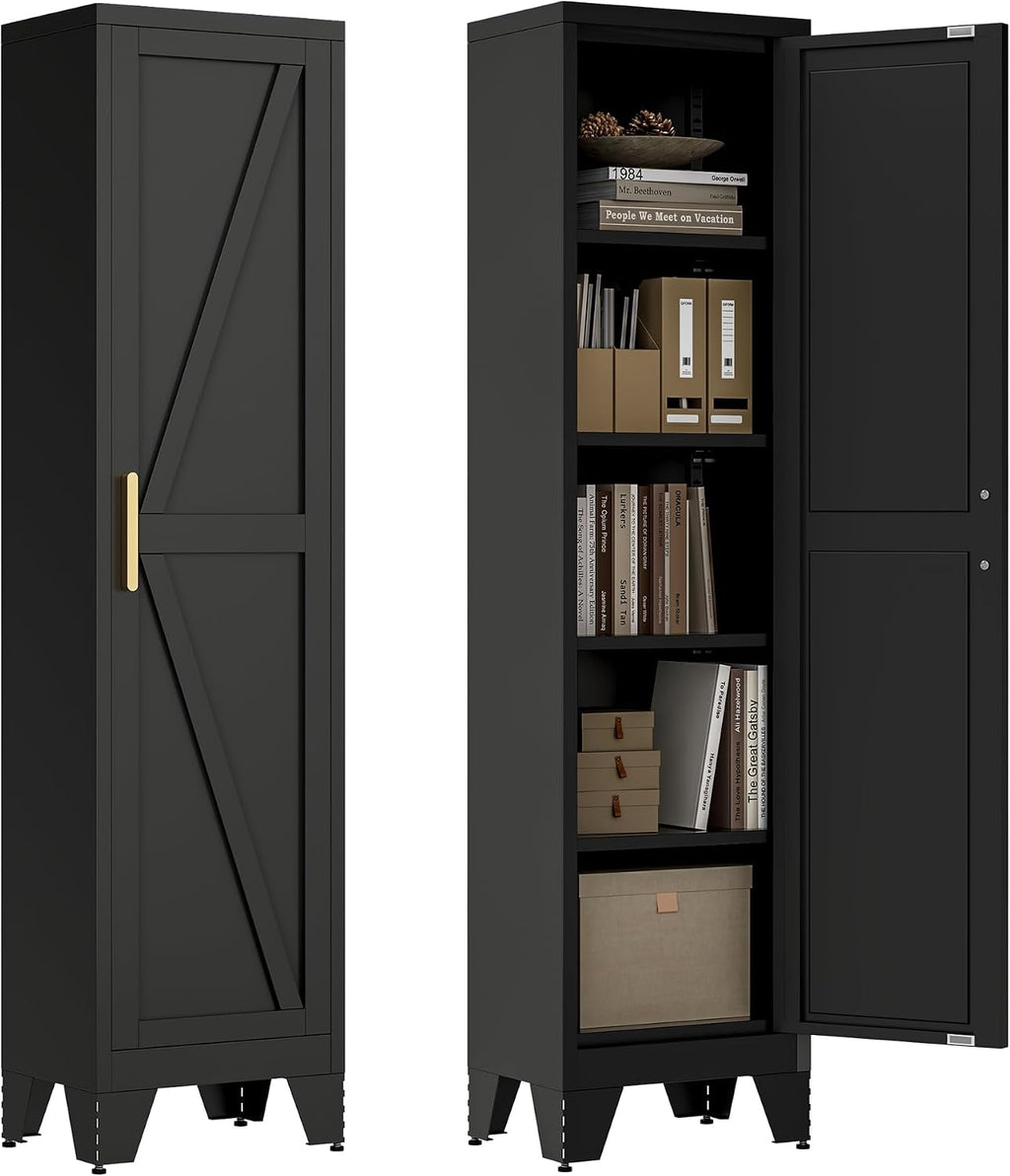 Washsemba 67''Farmhouse Metal Storage Cabinet with Barn Doors,Steel File Cabinet for Home Office,Kitchen Pantry 4 Adjustable Shelves,Freestanding Cupboard for Kitchen,HomeOffice (Black)
