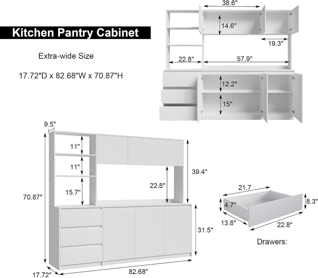 Mekminop Extra Large Kitchen Pantry with Microwave Shelf, Kitchen Hutch Storage Cabinet with Countertop, Freestanding Countertop Cabinet with 3 Drawers and 3 Open Shelves, White