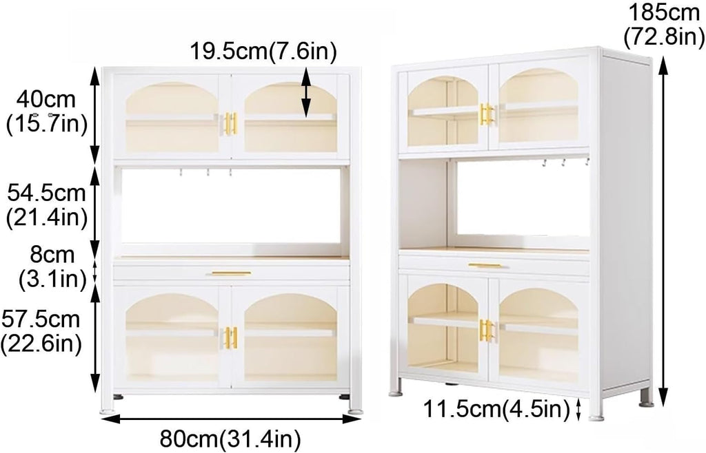 6-Tier Kitchen Bakers Rack with Drawer, Microwave Stand, Pegboard Storage, White Metal Shelf, Adjustable Hooks, 80cm - Perfect for Space-Saving and Organization
