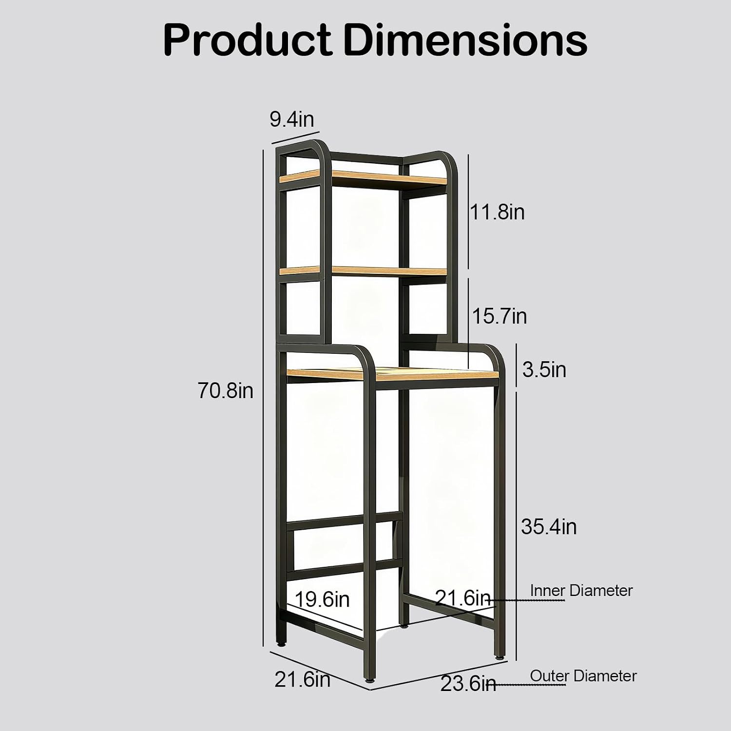 4-Tier Mini Fridge Stand with Storage, Over Fridge Storage Shelf Heavy-Duty Microwave Stand & Baker Rack, Space-Saving Organizer for Kitchen, Dorm, Office, 21.65Wx23.62Dx35.43H