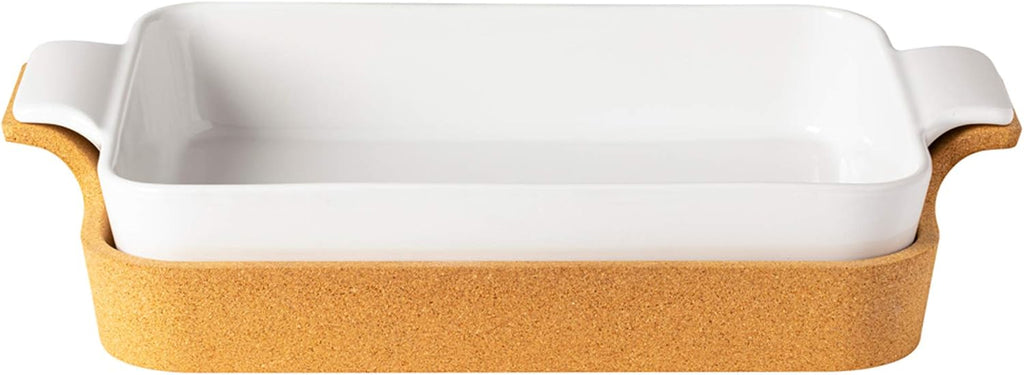 Casafina Ceramic 16' x 10.25' Rectangular Baker with Cork Tray - Ensemble Collection, White | Oven & Dishwasher Safe Bakeware | Food Safe Glazing | Restaurant Quality Dinnerware