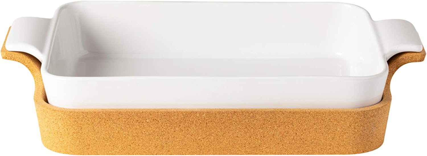 Casafina Ceramic 16' x 10.25' Rectangular Baker with Cork Tray - Ensemble Collection, White | Oven & Dishwasher Safe Bakeware | Food Safe Glazing | Restaurant Quality Dinnerware