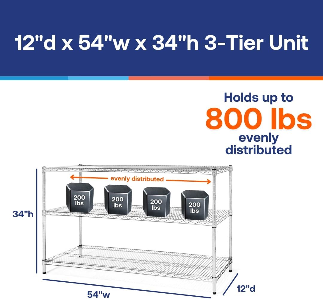 Shelving Inc. 12' d x 54' w Chrome Wire Shelving with 3 Tier Shelves, Weight Capacity 800lbs Per Shelf