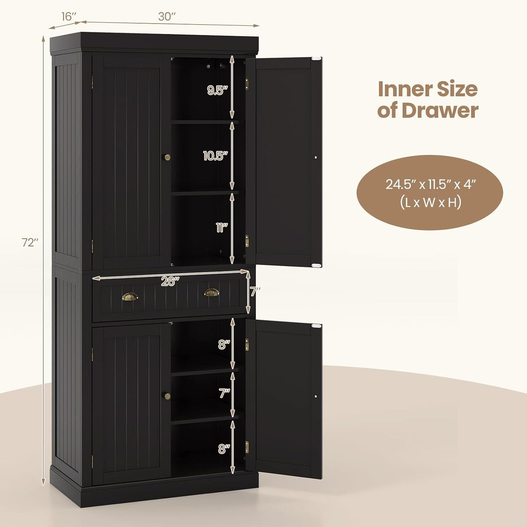 Tangkula 72' H Kitchen Pantry Cupboard Cabinet, Traditional Freestanding Large Tall Storage Cabinet with 2 Cabinets and Drawer, Adjustable Shelves, for Living Room Kitchen, 30 x 16 x 72 Inch