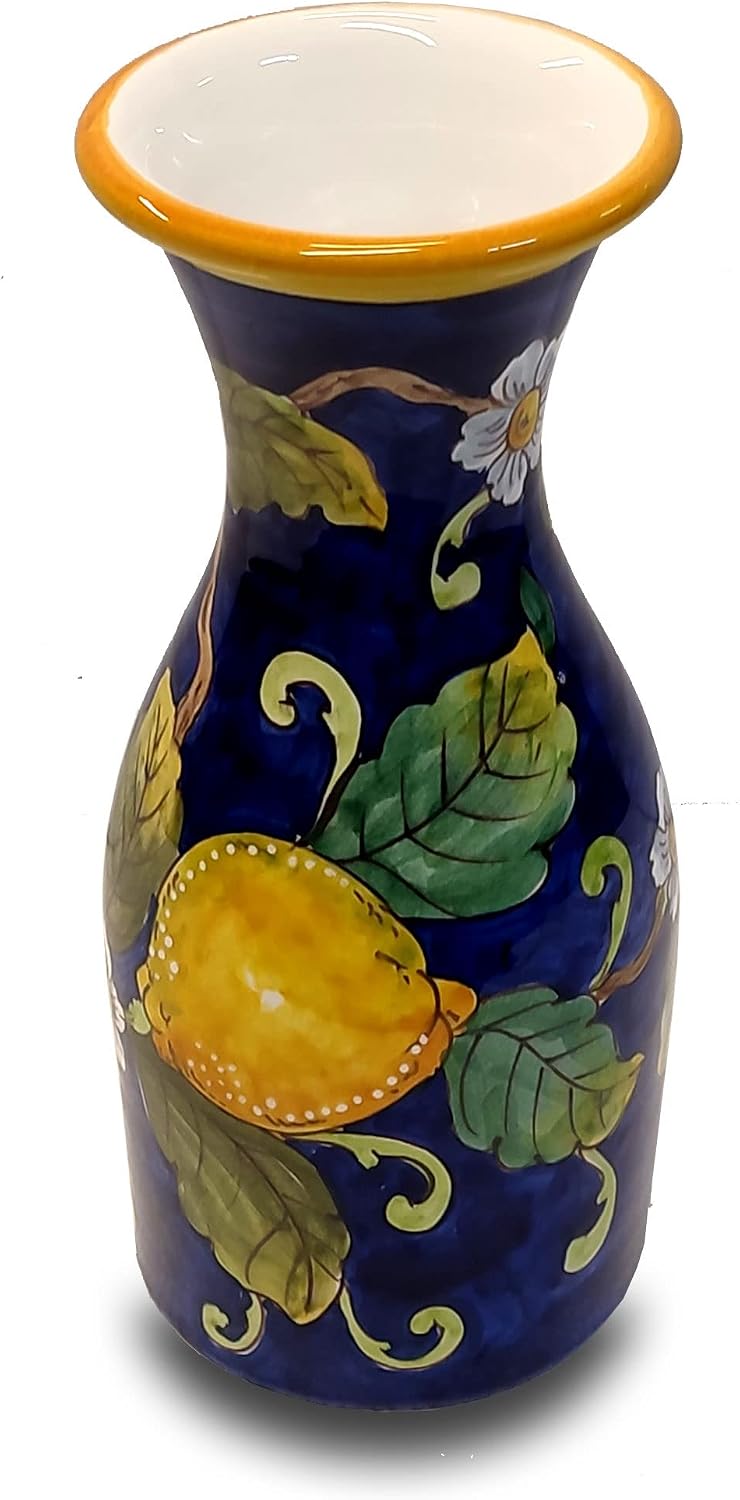 Italian Ceramic Wine Jug Lemon - 16.9 oz Hand Painted Utensil Holder Or Carafe Design for Kitchen - Made in ITALY Tuscany - Italian Pottery Vase Jar for Wine - Home Decor Ceramics Dispenser