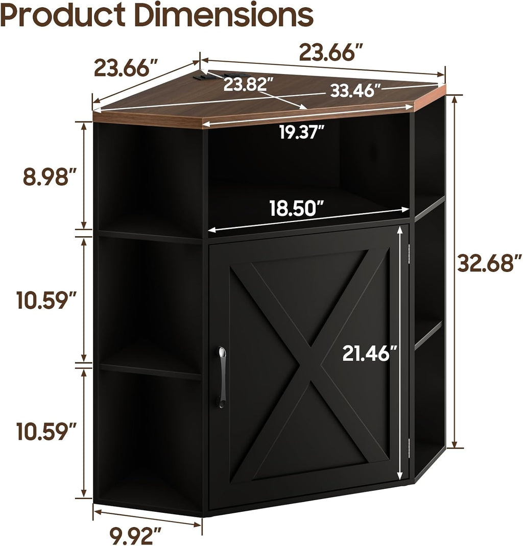 Vabches Corner Cabinet, Corner Storage Shelf with USB Ports and Outlets Industrial Organizer for Small Space Wooden 6-Cubby Bookshelf for Study, Playroom, Living Room (Black and Brown)