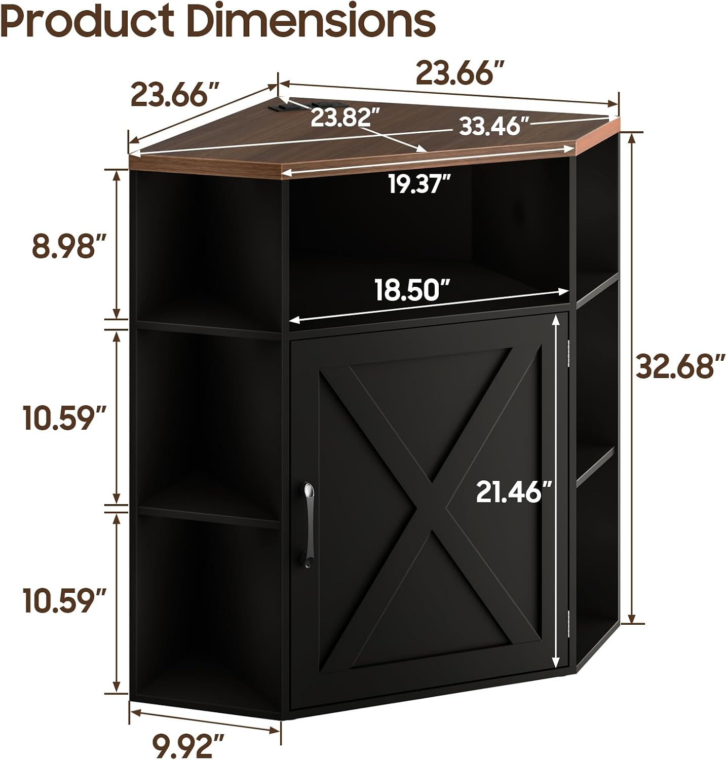 Vabches Corner Cabinet, Corner Storage Shelf with USB Ports and Outlets Industrial Organizer for Small Space Wooden 6-Cubby Bookshelf for Study, Playroom, Living Room (Black and Brown)